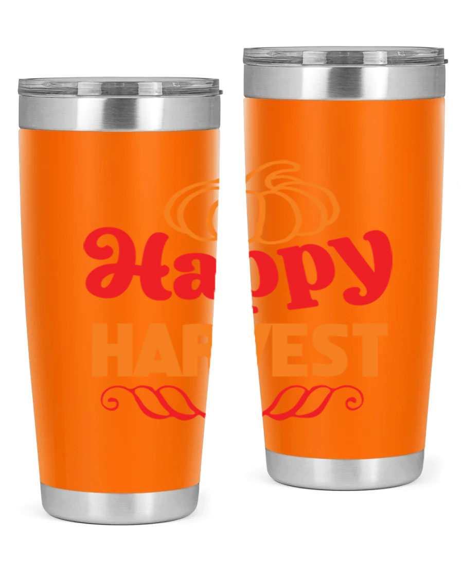 HappyHarvest 256# fall Tumbler in stainless steel with a copper lining, featuring a drink-thru lid and a sleek design.