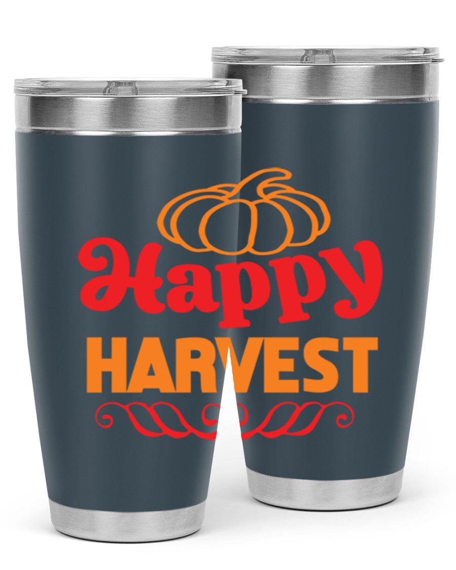 HappyHarvest 256# fall Tumbler in stainless steel with a copper lining, featuring a drink-thru lid and a sleek design.