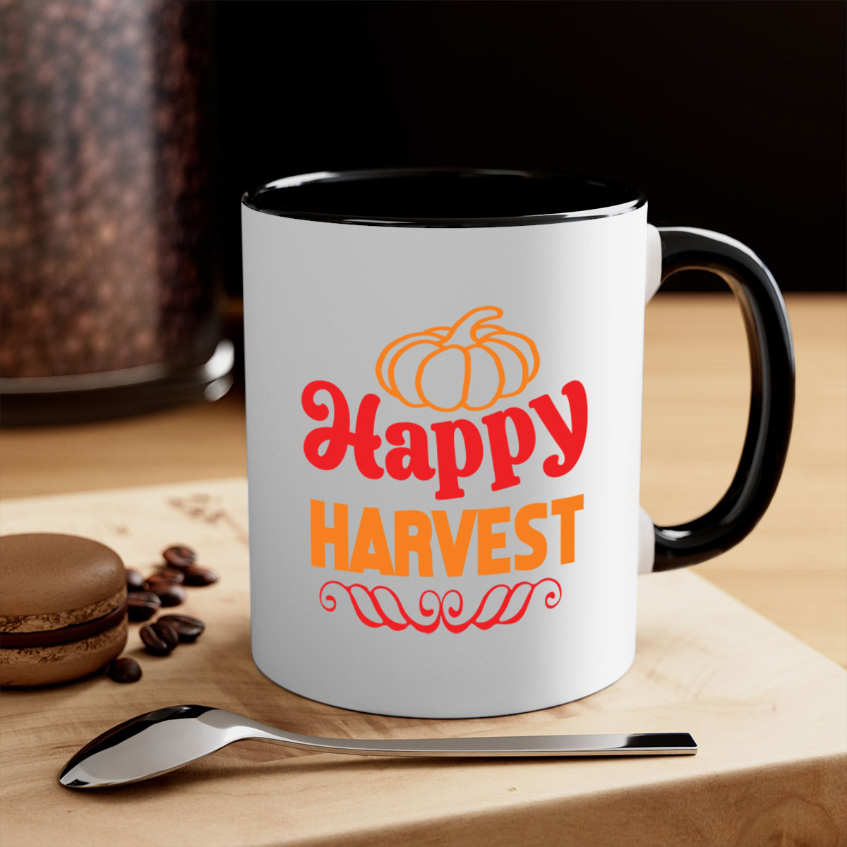 HappyHarvest 256# Mug in various colors with glossy finish and C-shaped handle, perfect for coffee and tea.