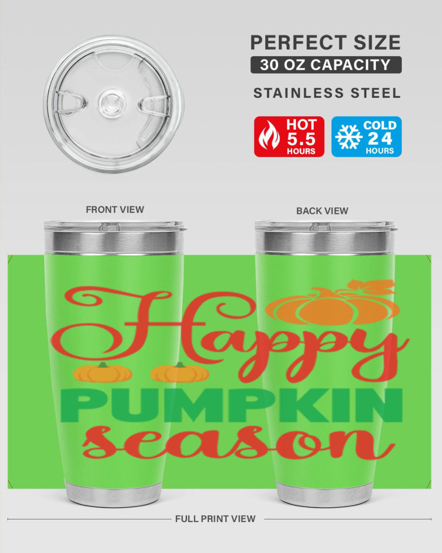 HAPPYPUMPKINSEASON 257# fall tumbler in vibrant autumn colors, showcasing its double wall vacuum design and drink-thru lid.