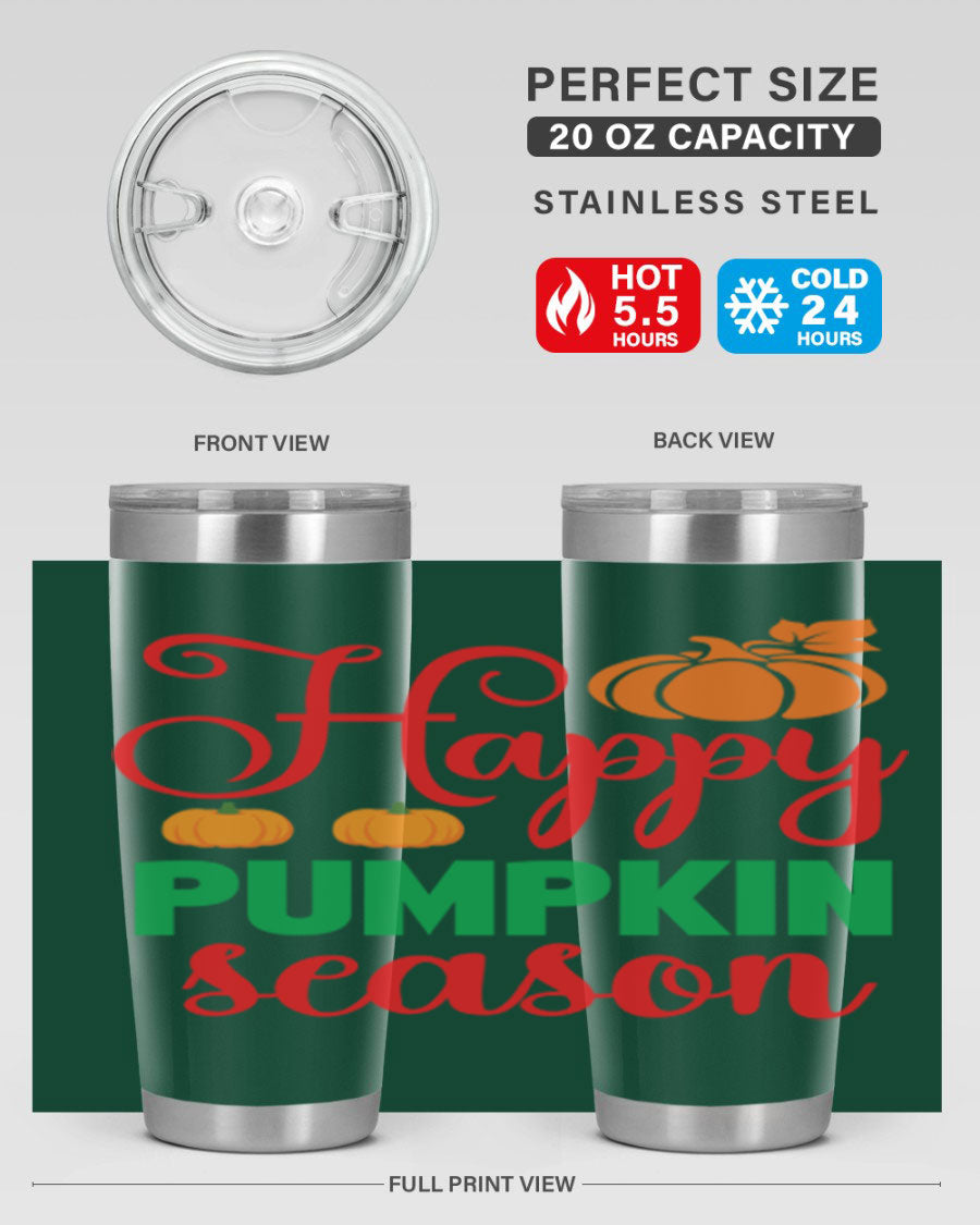 HAPPYPUMPKINSEASON 257# fall tumbler in vibrant autumn colors, showcasing its double wall vacuum design and drink-thru lid.