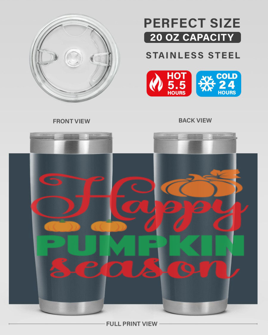 HAPPYPUMPKINSEASON 257# fall tumbler in vibrant autumn colors, showcasing its double wall vacuum design and drink-thru lid.