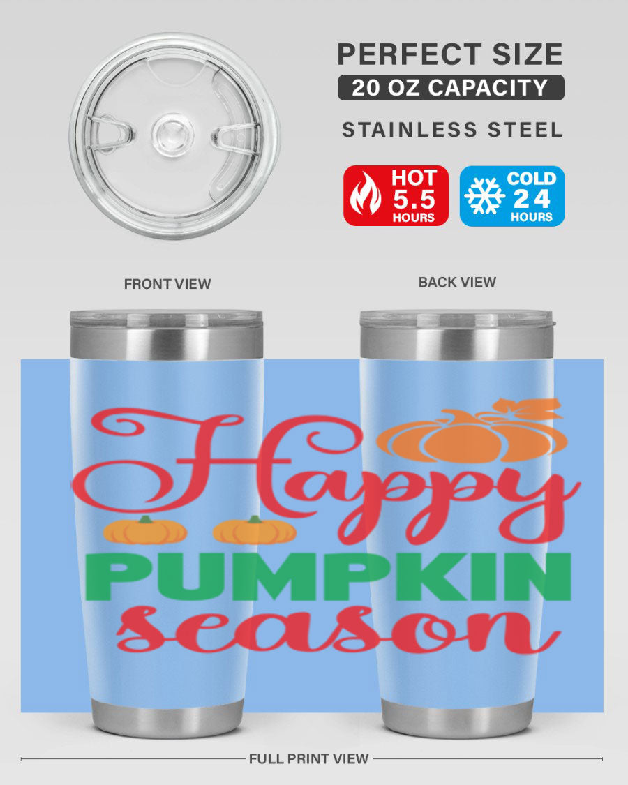 HAPPYPUMPKINSEASON 257# fall tumbler in vibrant autumn colors, showcasing its double wall vacuum design and drink-thru lid.