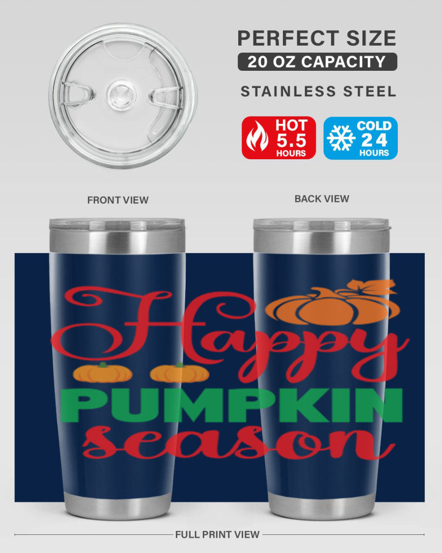 HAPPYPUMPKINSEASON 257# fall tumbler in vibrant autumn colors, showcasing its double wall vacuum design and drink-thru lid.