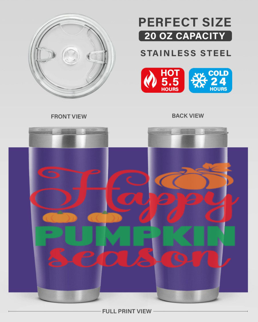 HAPPYPUMPKINSEASON 257# fall tumbler in vibrant autumn colors, showcasing its double wall vacuum design and drink-thru lid.