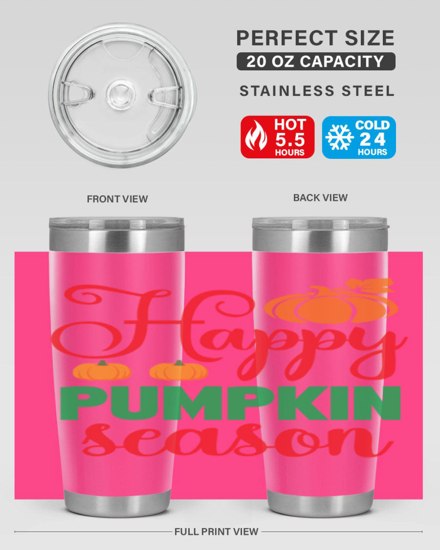 HAPPYPUMPKINSEASON 257# fall tumbler in vibrant autumn colors, showcasing its double wall vacuum design and drink-thru lid.