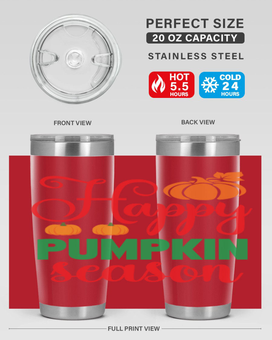 HAPPYPUMPKINSEASON 257# fall tumbler in vibrant autumn colors, showcasing its double wall vacuum design and drink-thru lid.