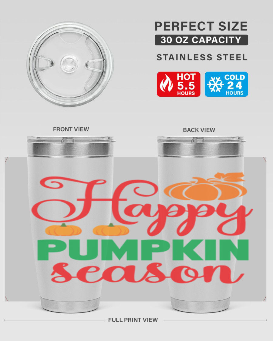 HAPPYPUMPKINSEASON 257# fall tumbler in vibrant autumn colors, showcasing its double wall vacuum design and drink-thru lid.