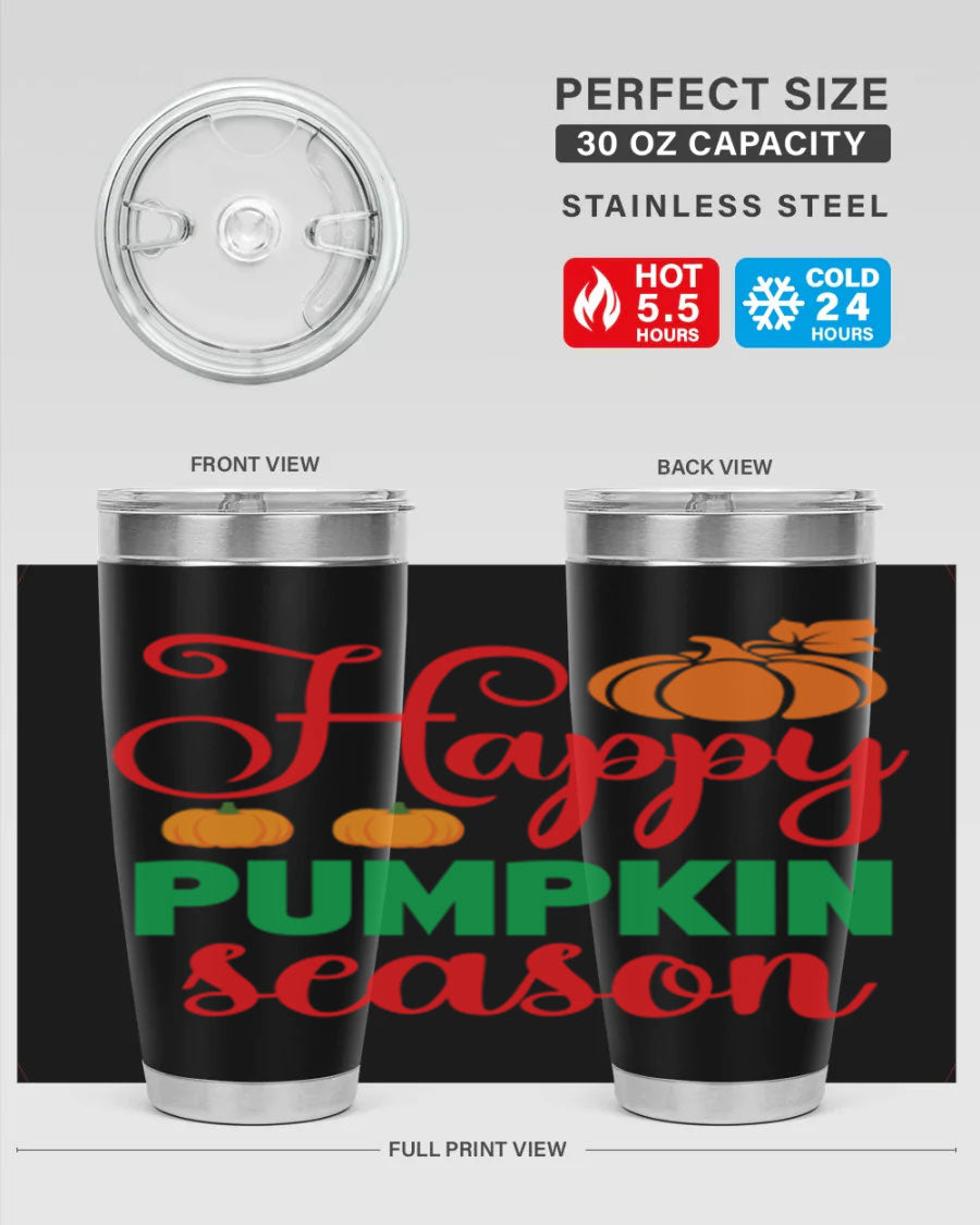 HAPPYPUMPKINSEASON 257# fall tumbler in vibrant autumn colors, showcasing its double wall vacuum design and drink-thru lid.