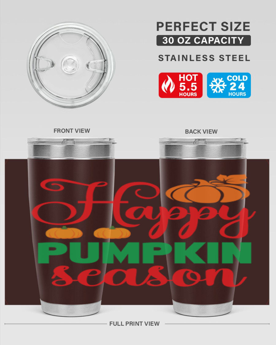 HAPPYPUMPKINSEASON 257# fall tumbler in vibrant autumn colors, showcasing its double wall vacuum design and drink-thru lid.