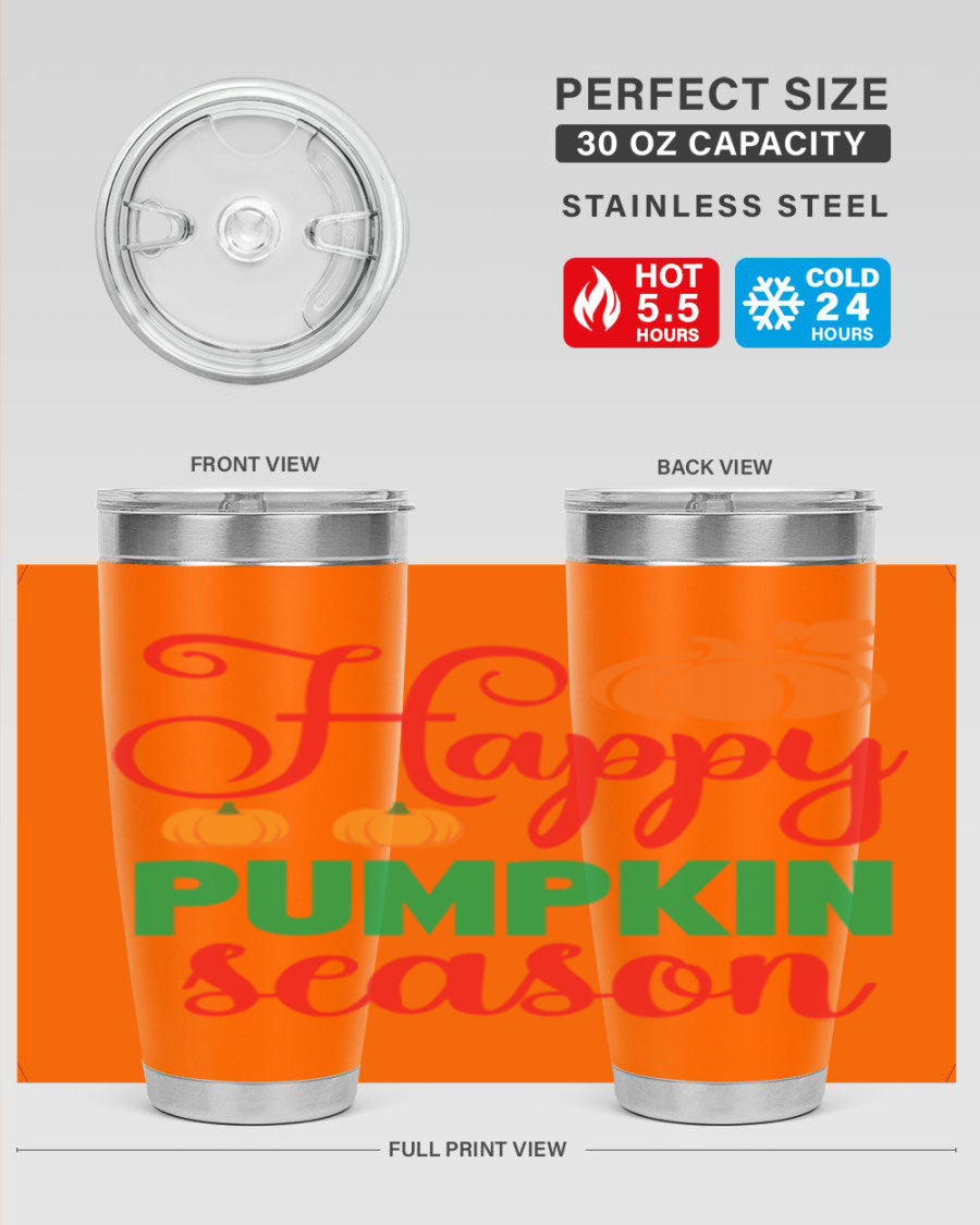 HAPPYPUMPKINSEASON 257# fall tumbler in vibrant autumn colors, showcasing its double wall vacuum design and drink-thru lid.