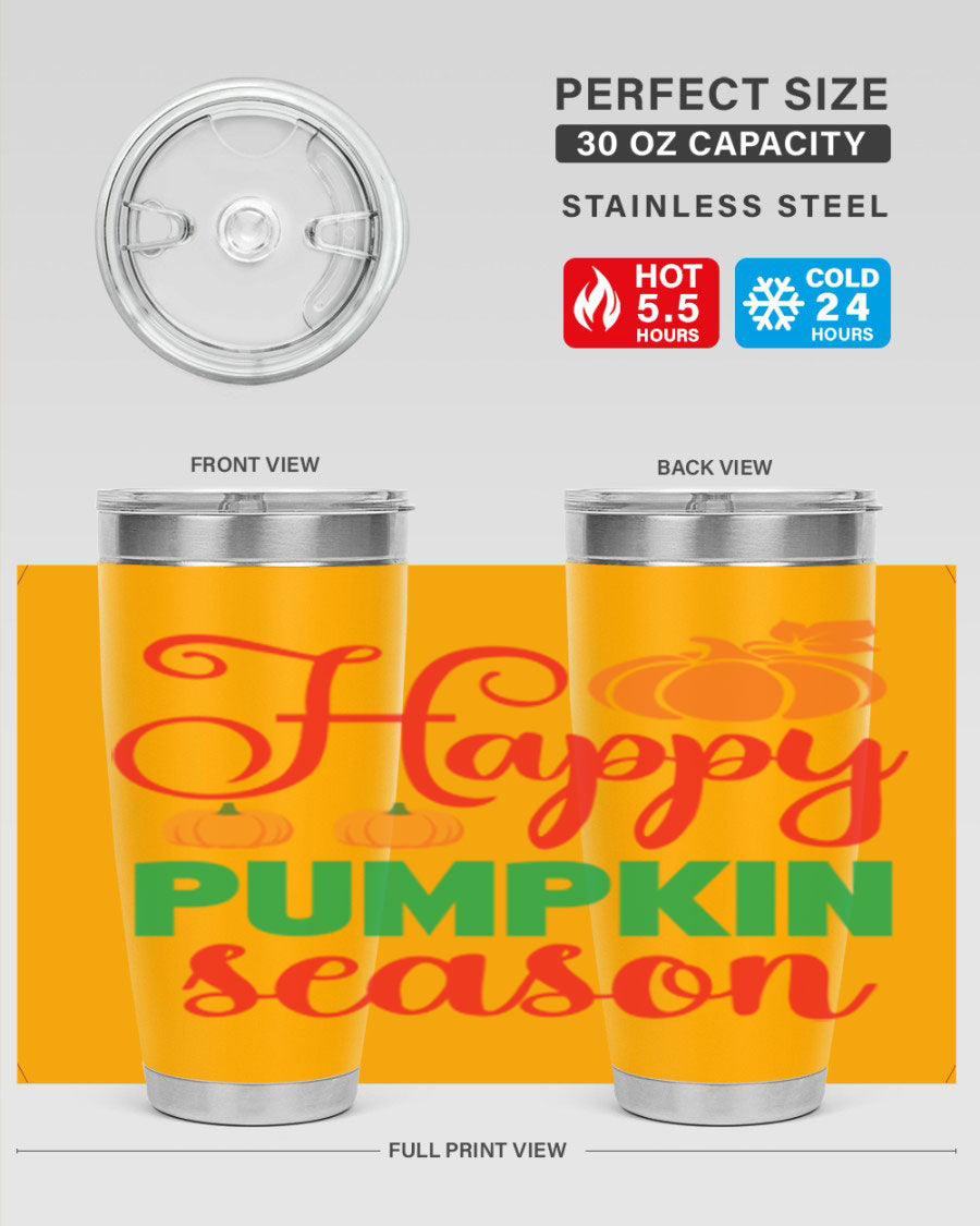 HAPPYPUMPKINSEASON 257# fall tumbler in vibrant autumn colors, showcasing its double wall vacuum design and drink-thru lid.