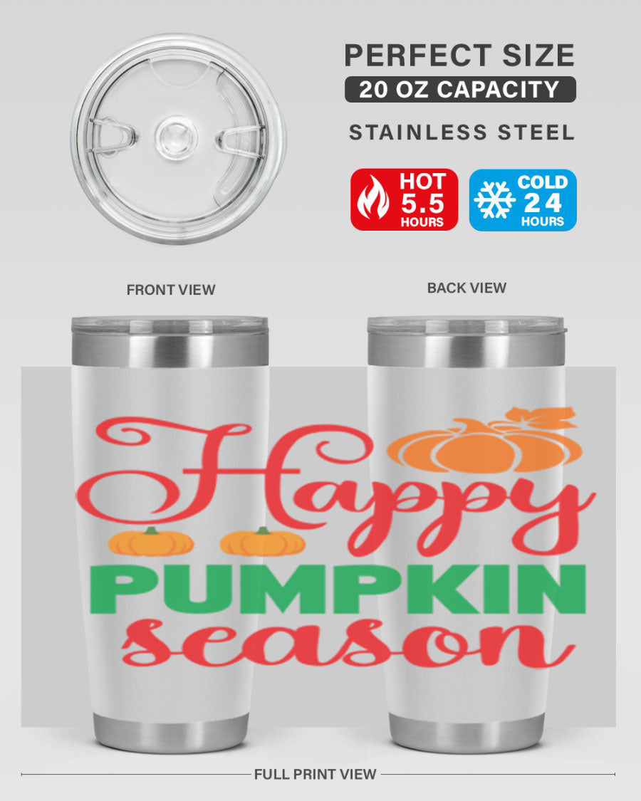 HAPPYPUMPKINSEASON 257# fall tumbler in vibrant autumn colors, showcasing its double wall vacuum design and drink-thru lid.