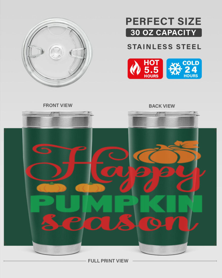 HAPPYPUMPKINSEASON 257# fall tumbler in vibrant autumn colors, showcasing its double wall vacuum design and drink-thru lid.