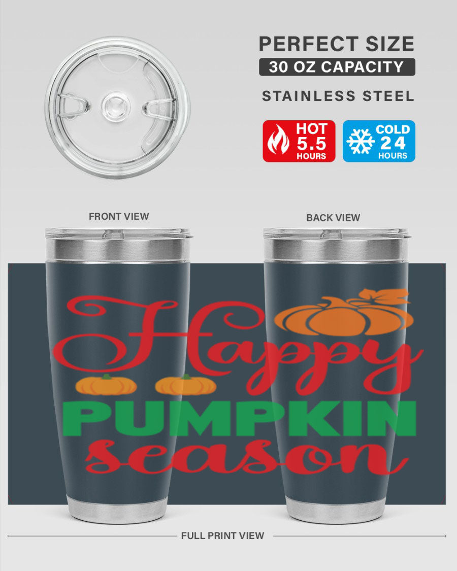 HAPPYPUMPKINSEASON 257# fall tumbler in vibrant autumn colors, showcasing its double wall vacuum design and drink-thru lid.