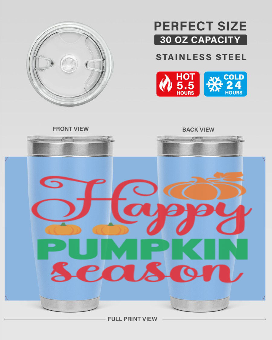 HAPPYPUMPKINSEASON 257# fall tumbler in vibrant autumn colors, showcasing its double wall vacuum design and drink-thru lid.