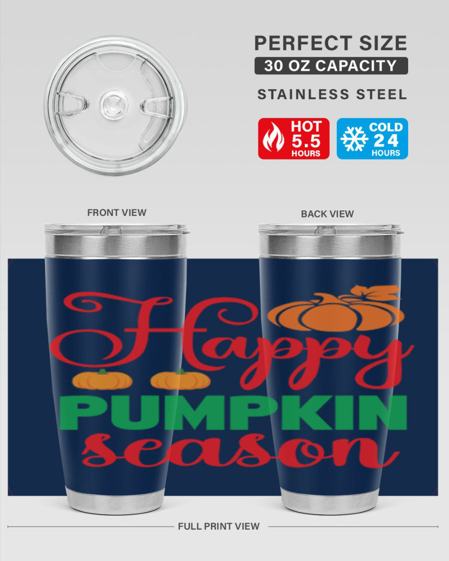 HAPPYPUMPKINSEASON 257# fall tumbler in vibrant autumn colors, showcasing its double wall vacuum design and drink-thru lid.