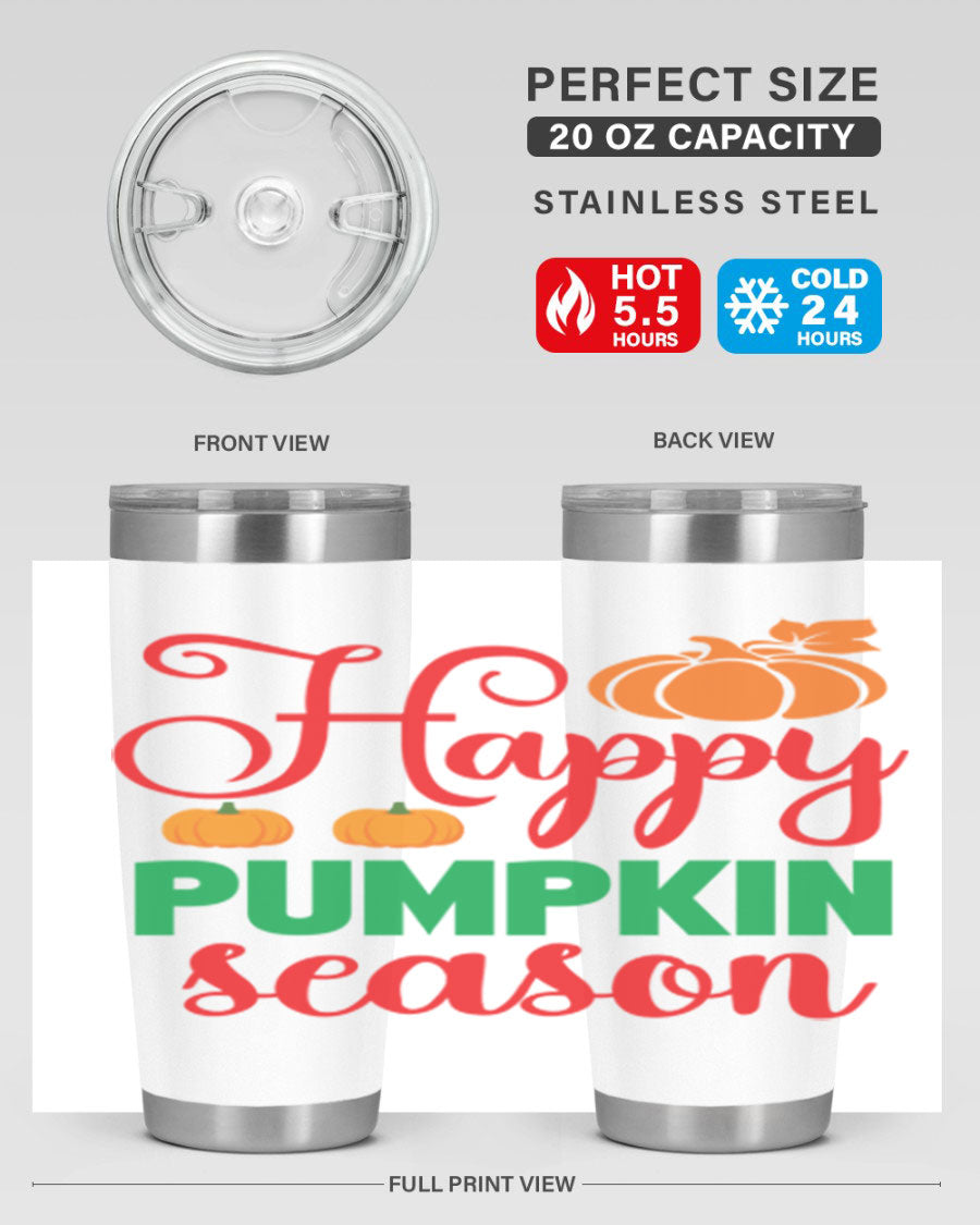 HAPPYPUMPKINSEASON 257# fall tumbler in vibrant autumn colors, showcasing its double wall vacuum design and drink-thru lid.