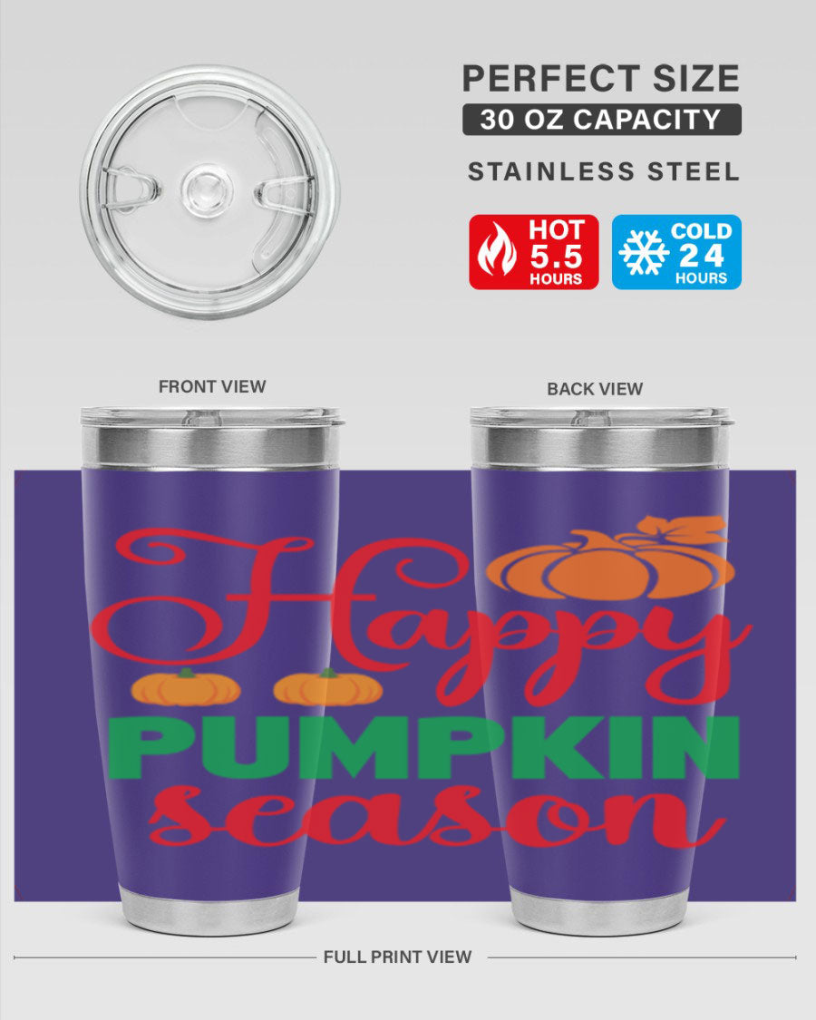 HAPPYPUMPKINSEASON 257# fall tumbler in vibrant autumn colors, showcasing its double wall vacuum design and drink-thru lid.