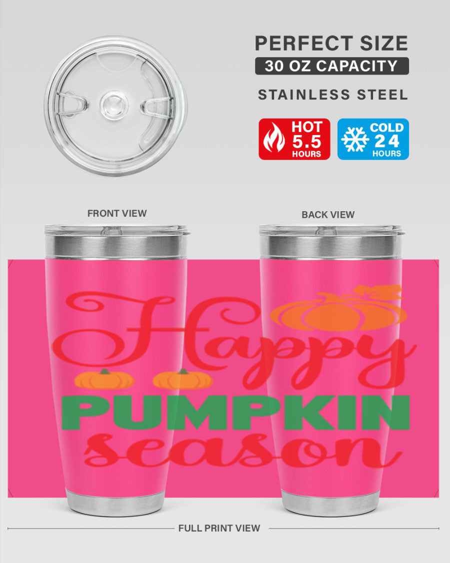 HAPPYPUMPKINSEASON 257# fall tumbler in vibrant autumn colors, showcasing its double wall vacuum design and drink-thru lid.