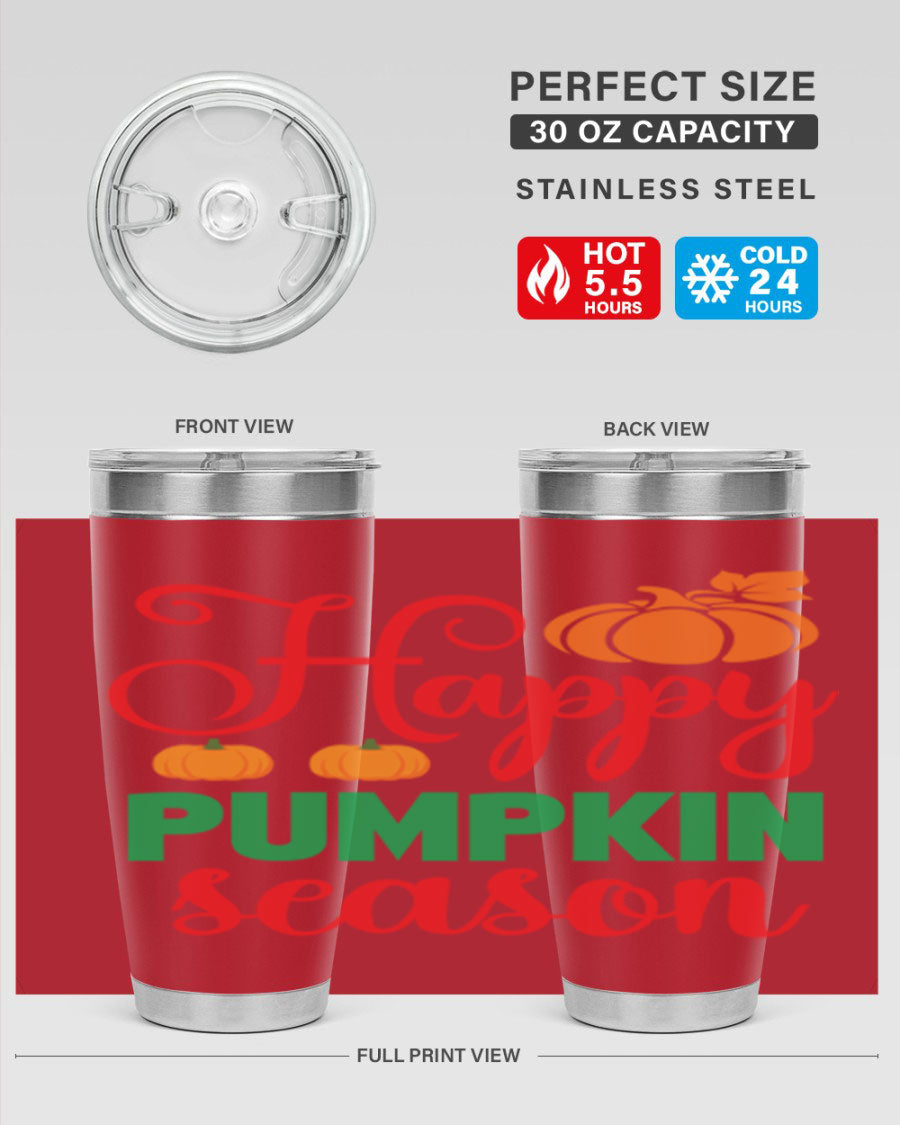 HAPPYPUMPKINSEASON 257# fall tumbler in vibrant autumn colors, showcasing its double wall vacuum design and drink-thru lid.