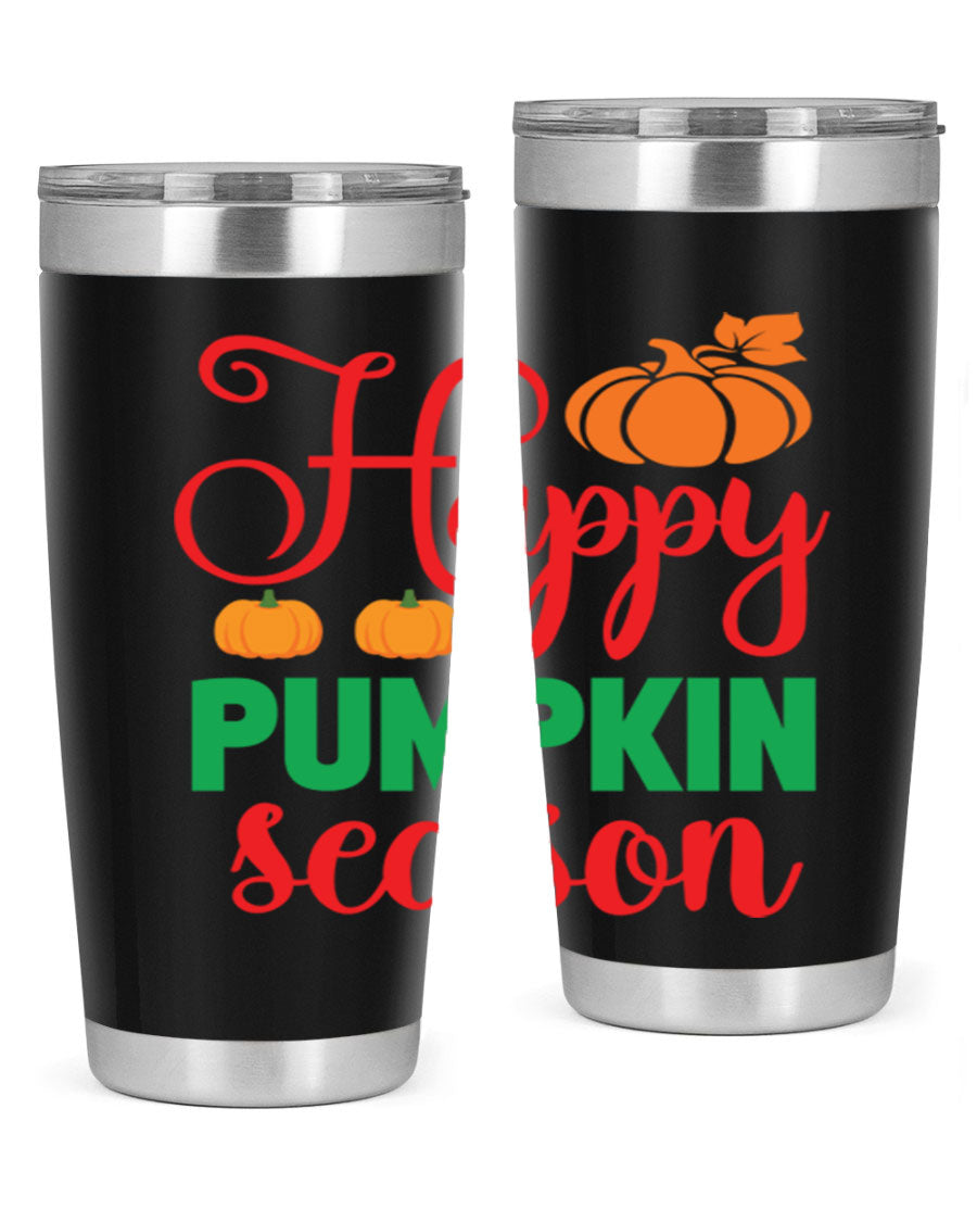 HAPPYPUMPKINSEASON 257# fall tumbler in vibrant autumn colors, showcasing its double wall vacuum design and drink-thru lid.