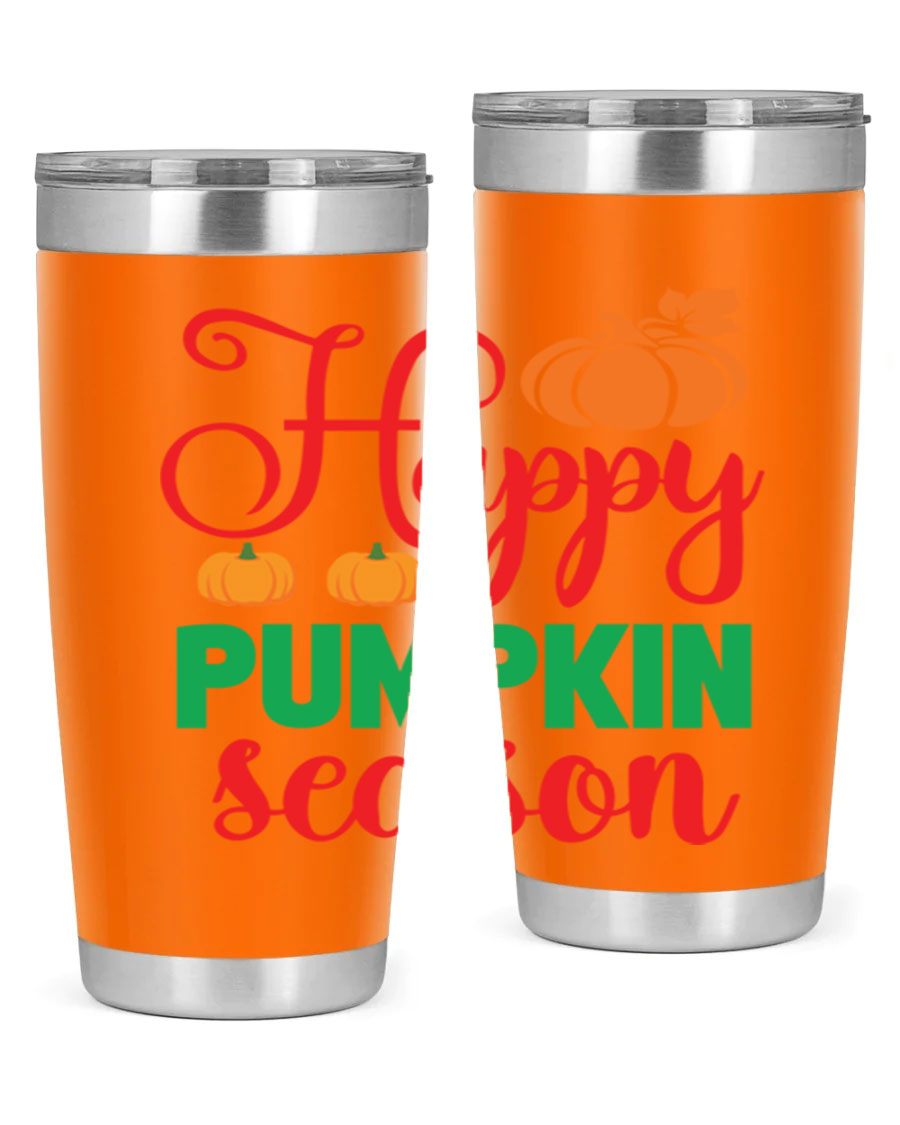 HAPPYPUMPKINSEASON 257# fall tumbler in vibrant autumn colors, showcasing its double wall vacuum design and drink-thru lid.
