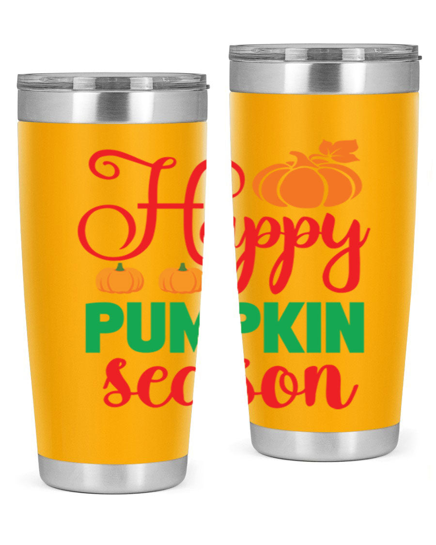 HAPPYPUMPKINSEASON 257# fall tumbler in vibrant autumn colors, showcasing its double wall vacuum design and drink-thru lid.
