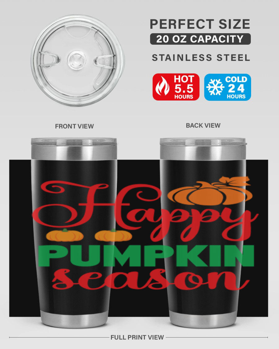 HAPPYPUMPKINSEASON 257# fall tumbler in vibrant autumn colors, showcasing its double wall vacuum design and drink-thru lid.