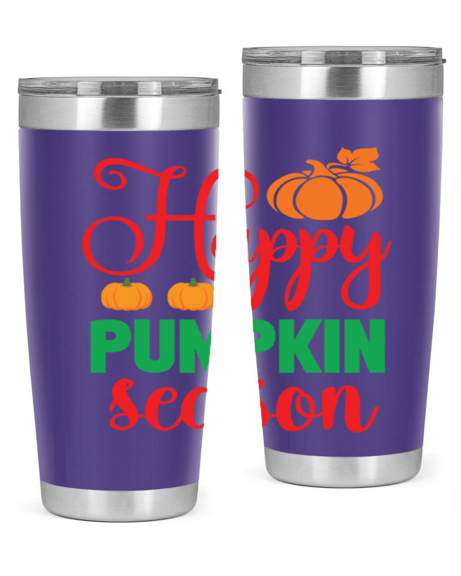 HAPPYPUMPKINSEASON 257# fall tumbler in vibrant autumn colors, showcasing its double wall vacuum design and drink-thru lid.