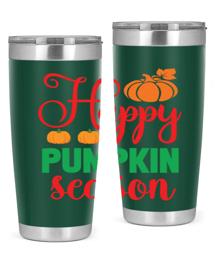 HAPPYPUMPKINSEASON 257# fall tumbler in vibrant autumn colors, showcasing its double wall vacuum design and drink-thru lid.