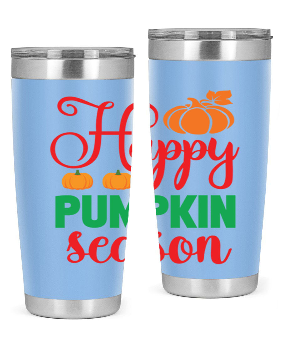 HAPPYPUMPKINSEASON 257# fall tumbler in vibrant autumn colors, showcasing its double wall vacuum design and drink-thru lid.