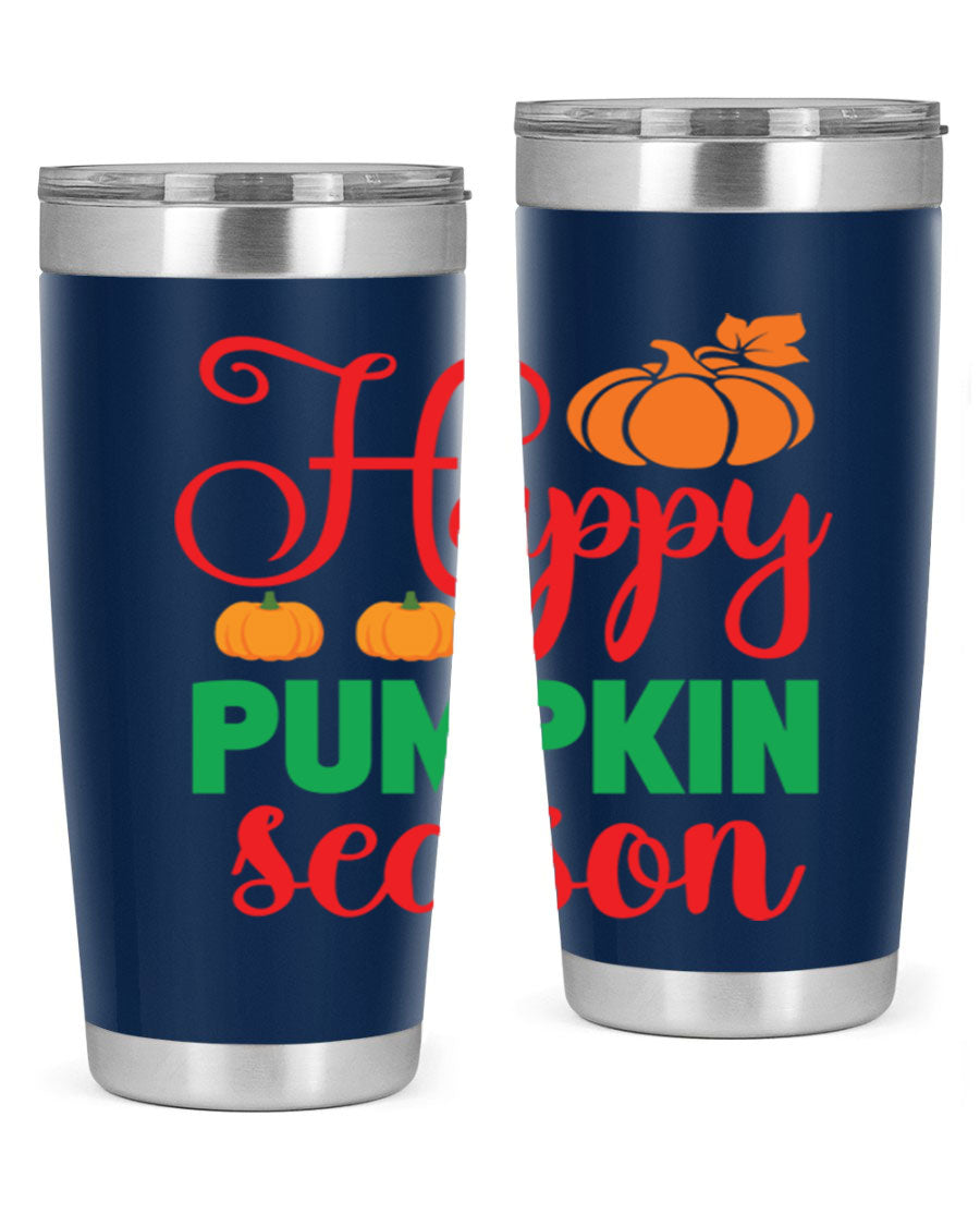 HAPPYPUMPKINSEASON 257# fall tumbler in vibrant autumn colors, showcasing its double wall vacuum design and drink-thru lid.