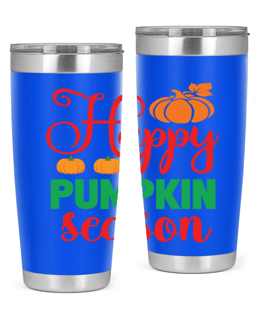 HAPPYPUMPKINSEASON 257# fall tumbler in vibrant autumn colors, showcasing its double wall vacuum design and drink-thru lid.