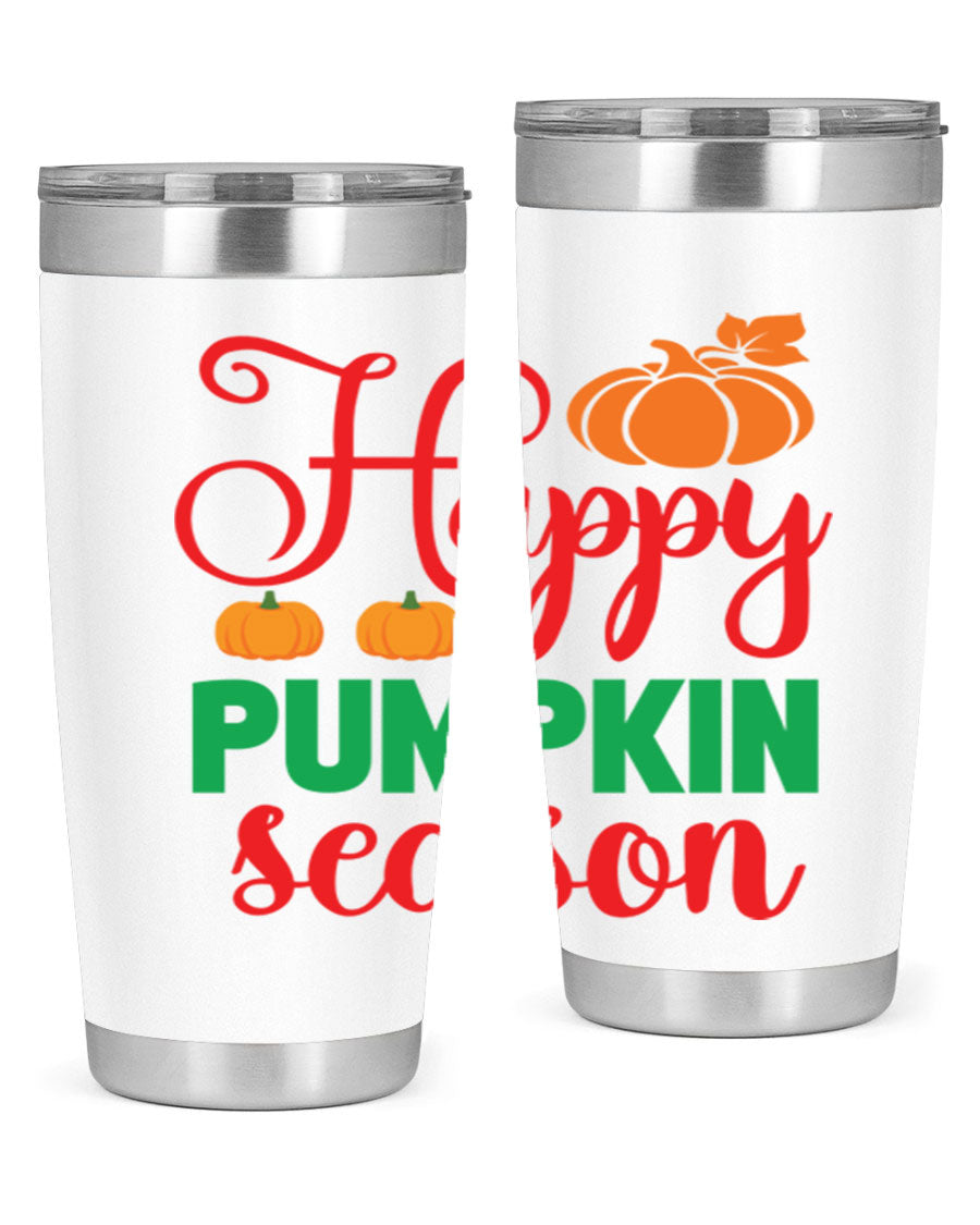 HAPPYPUMPKINSEASON 257# fall tumbler in vibrant autumn colors, showcasing its double wall vacuum design and drink-thru lid.