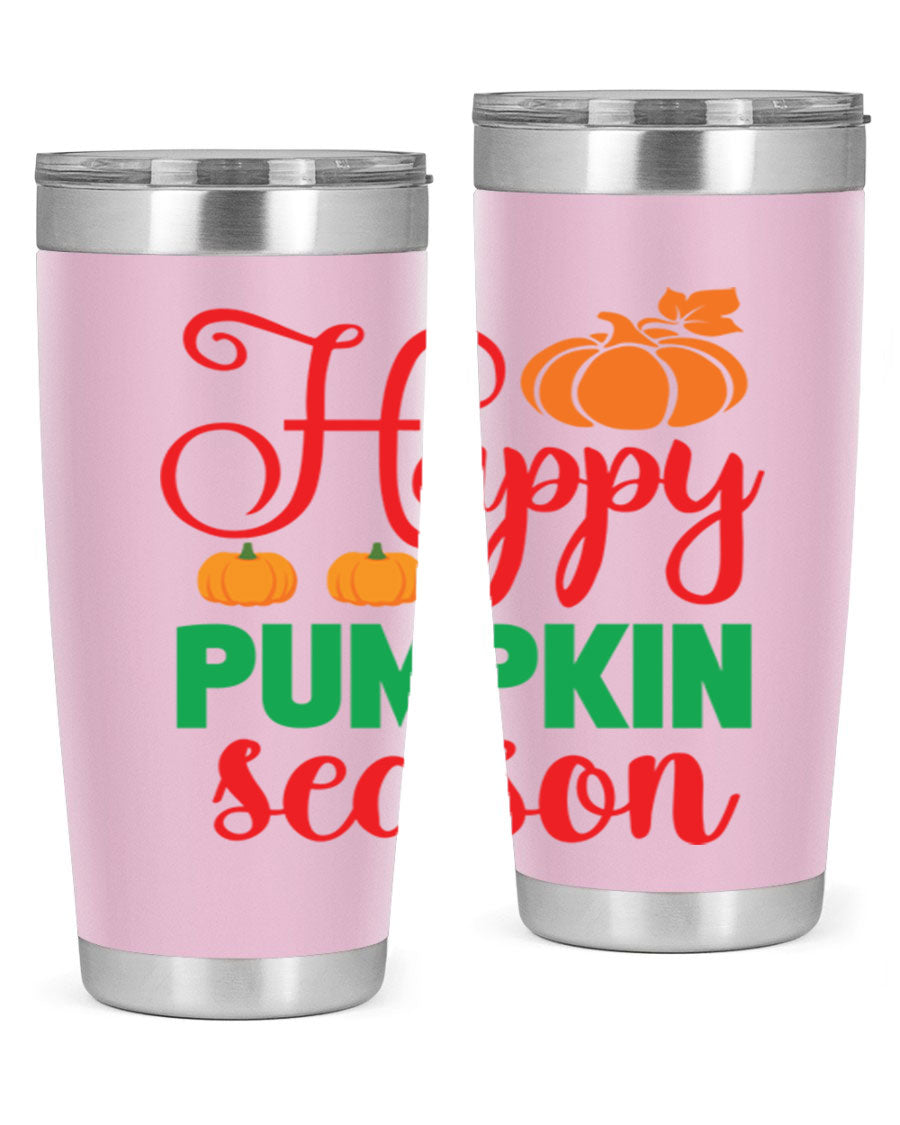 HAPPYPUMPKINSEASON 257# fall tumbler in vibrant autumn colors, showcasing its double wall vacuum design and drink-thru lid.