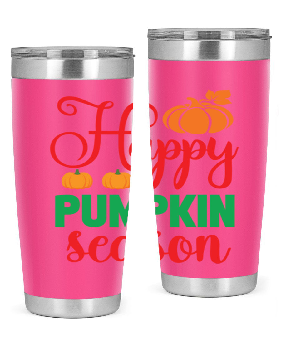 HAPPYPUMPKINSEASON 257# fall tumbler in vibrant autumn colors, showcasing its double wall vacuum design and drink-thru lid.