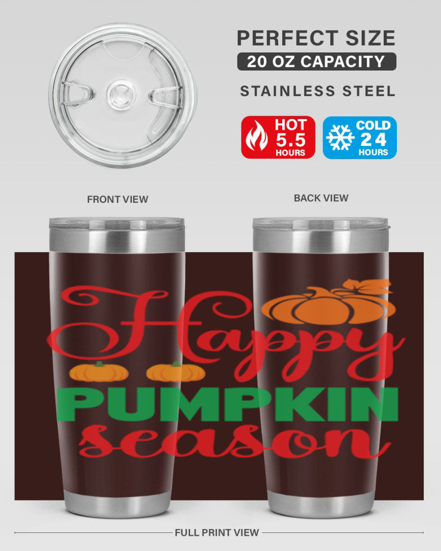 HAPPYPUMPKINSEASON 257# fall tumbler in vibrant autumn colors, showcasing its double wall vacuum design and drink-thru lid.