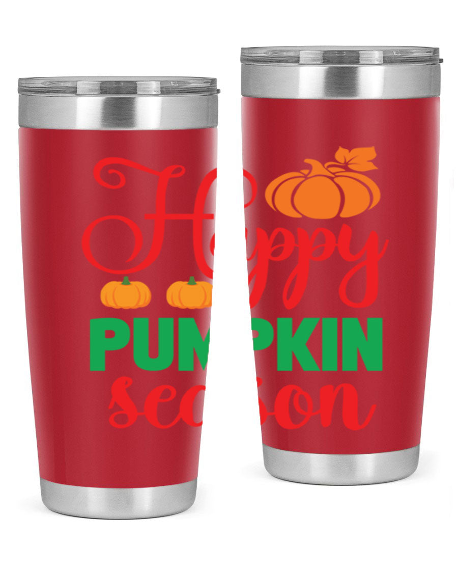 HAPPYPUMPKINSEASON 257# fall tumbler in vibrant autumn colors, showcasing its double wall vacuum design and drink-thru lid.