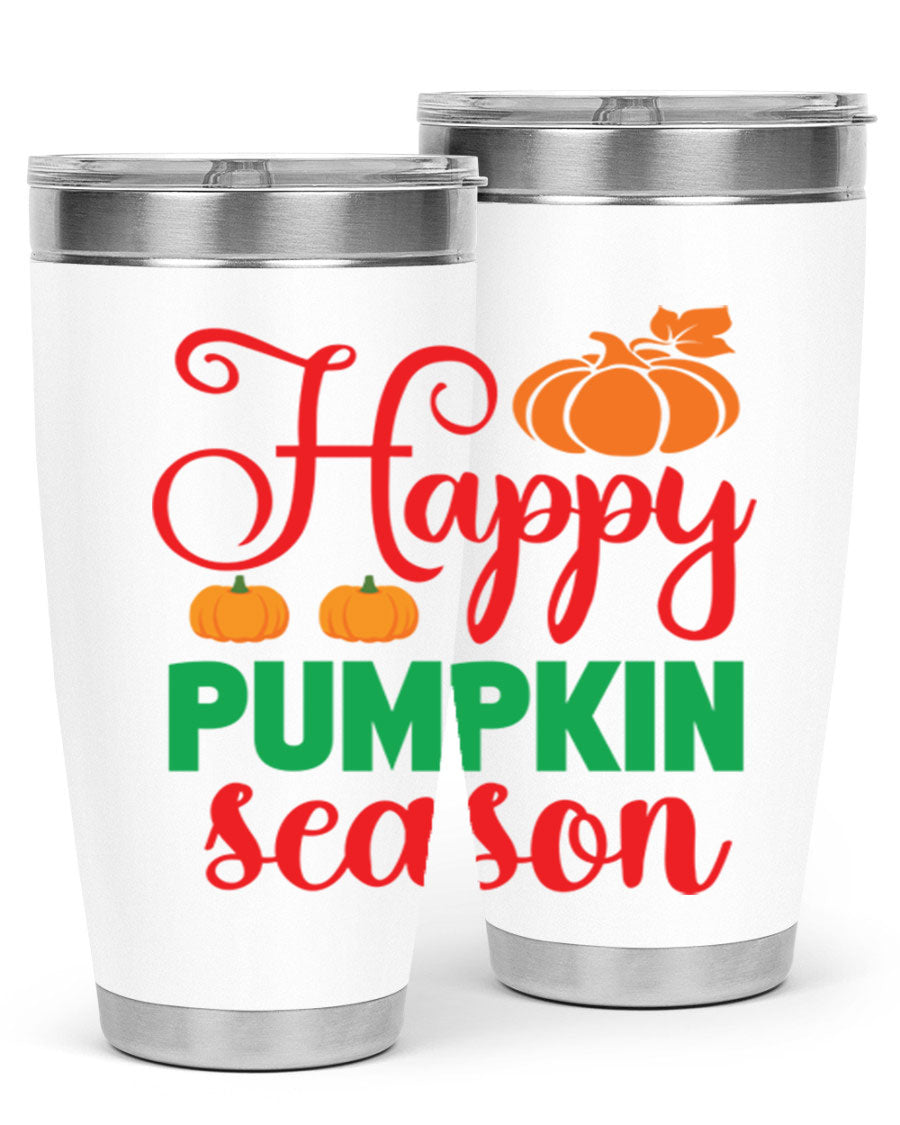 HAPPYPUMPKINSEASON 257# fall tumbler in vibrant autumn colors, showcasing its double wall vacuum design and drink-thru lid.