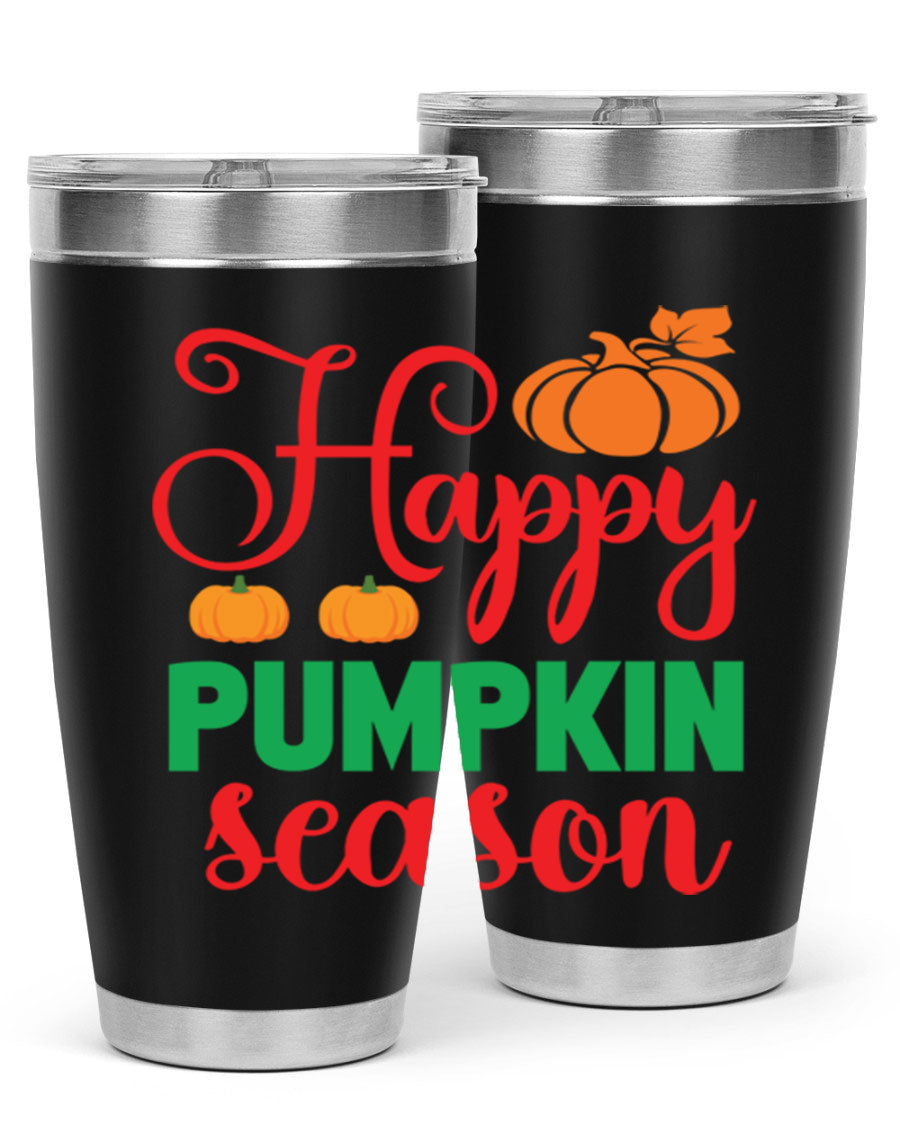 HAPPYPUMPKINSEASON 257# fall tumbler in vibrant autumn colors, showcasing its double wall vacuum design and drink-thru lid.