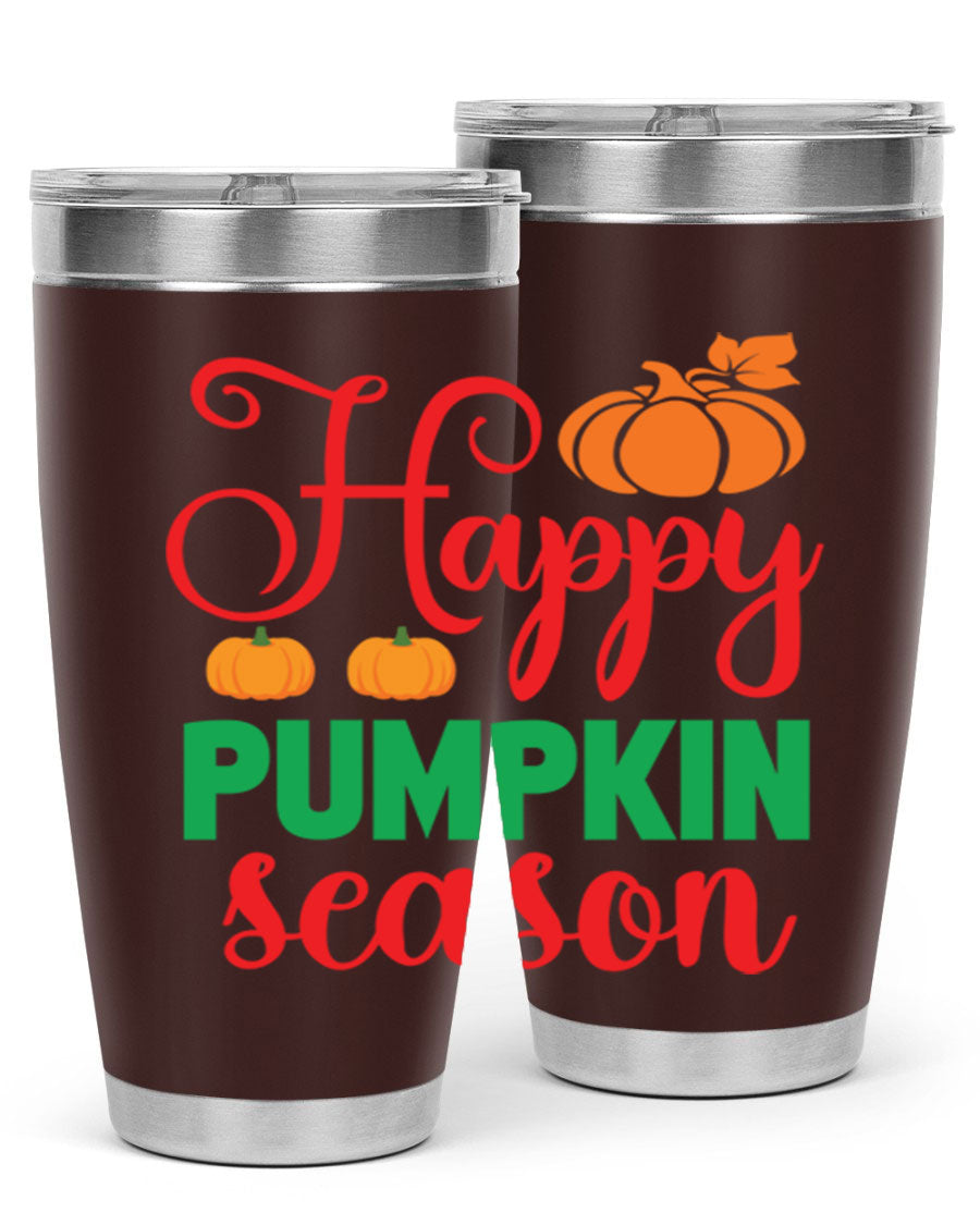 HAPPYPUMPKINSEASON 257# fall tumbler in vibrant autumn colors, showcasing its double wall vacuum design and drink-thru lid.
