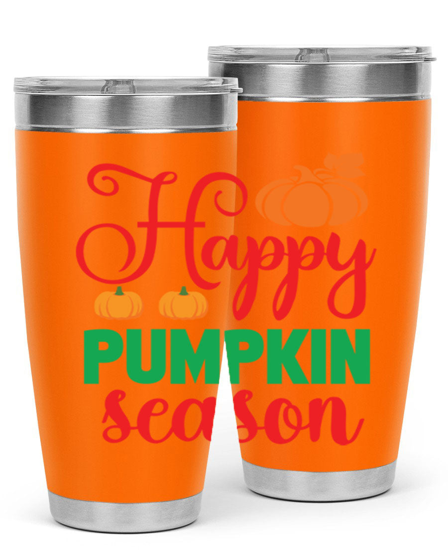HAPPYPUMPKINSEASON 257# fall tumbler in vibrant autumn colors, showcasing its double wall vacuum design and drink-thru lid.