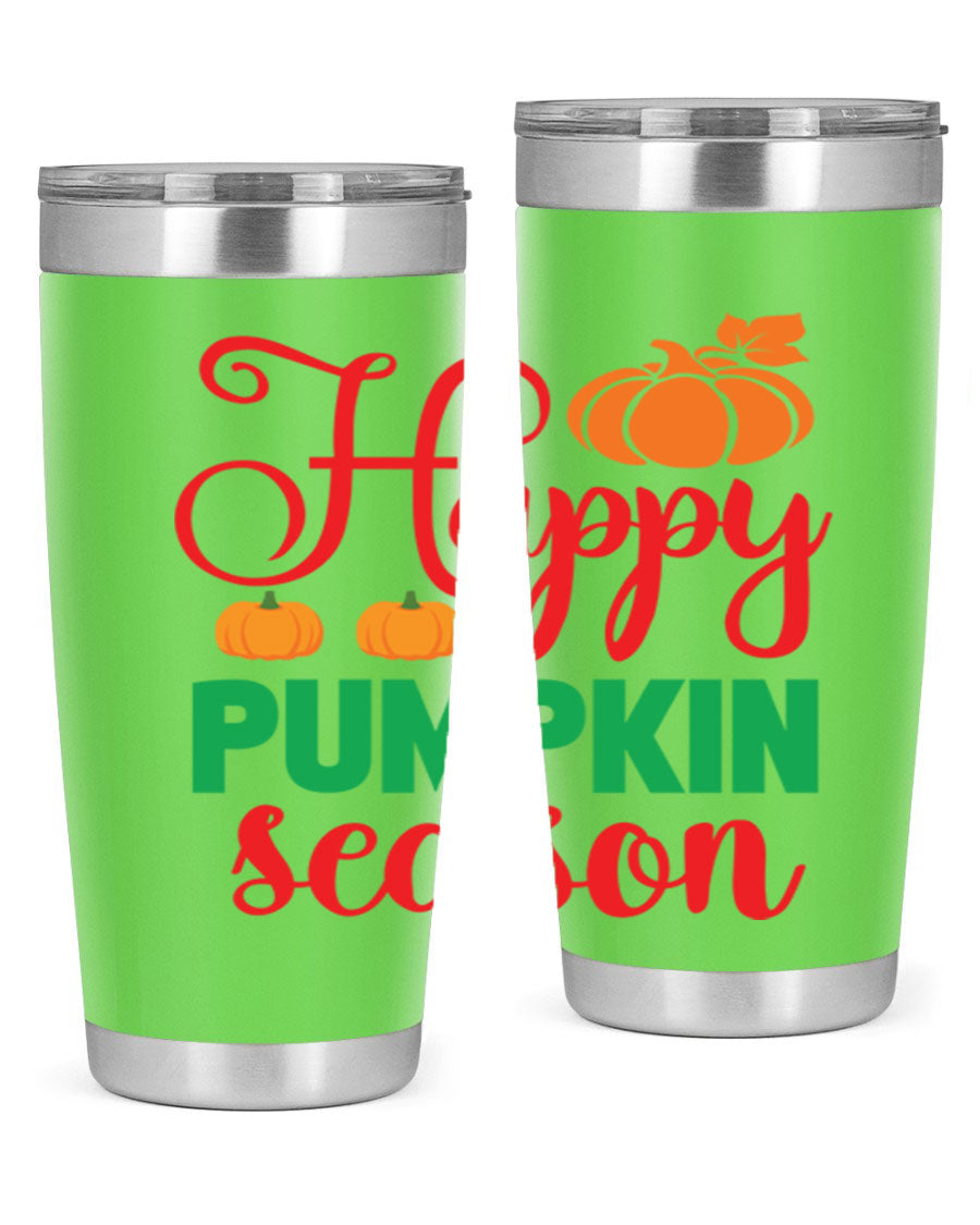 HAPPYPUMPKINSEASON 257# fall tumbler in vibrant autumn colors, showcasing its double wall vacuum design and drink-thru lid.