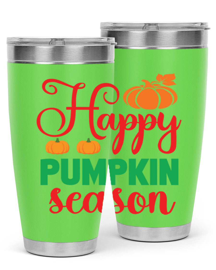 HAPPYPUMPKINSEASON 257# fall tumbler in vibrant autumn colors, showcasing its double wall vacuum design and drink-thru lid.