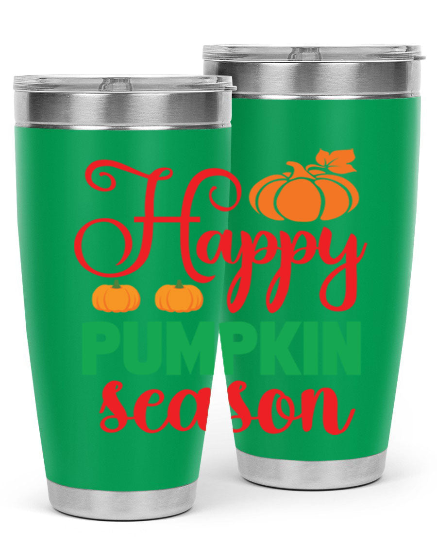 HAPPYPUMPKINSEASON 257# fall tumbler in vibrant autumn colors, showcasing its double wall vacuum design and drink-thru lid.
