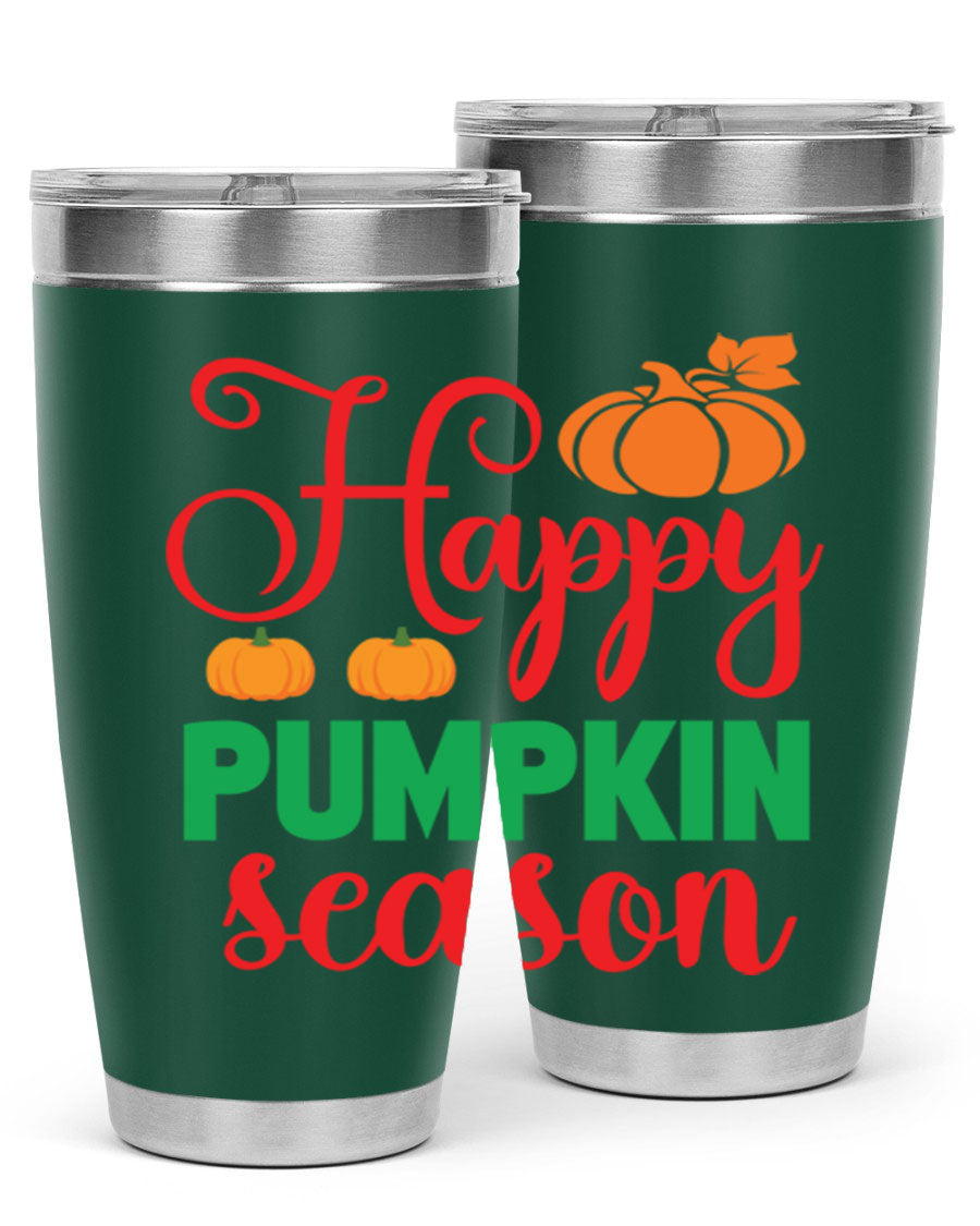 HAPPYPUMPKINSEASON 257# fall tumbler in vibrant autumn colors, showcasing its double wall vacuum design and drink-thru lid.
