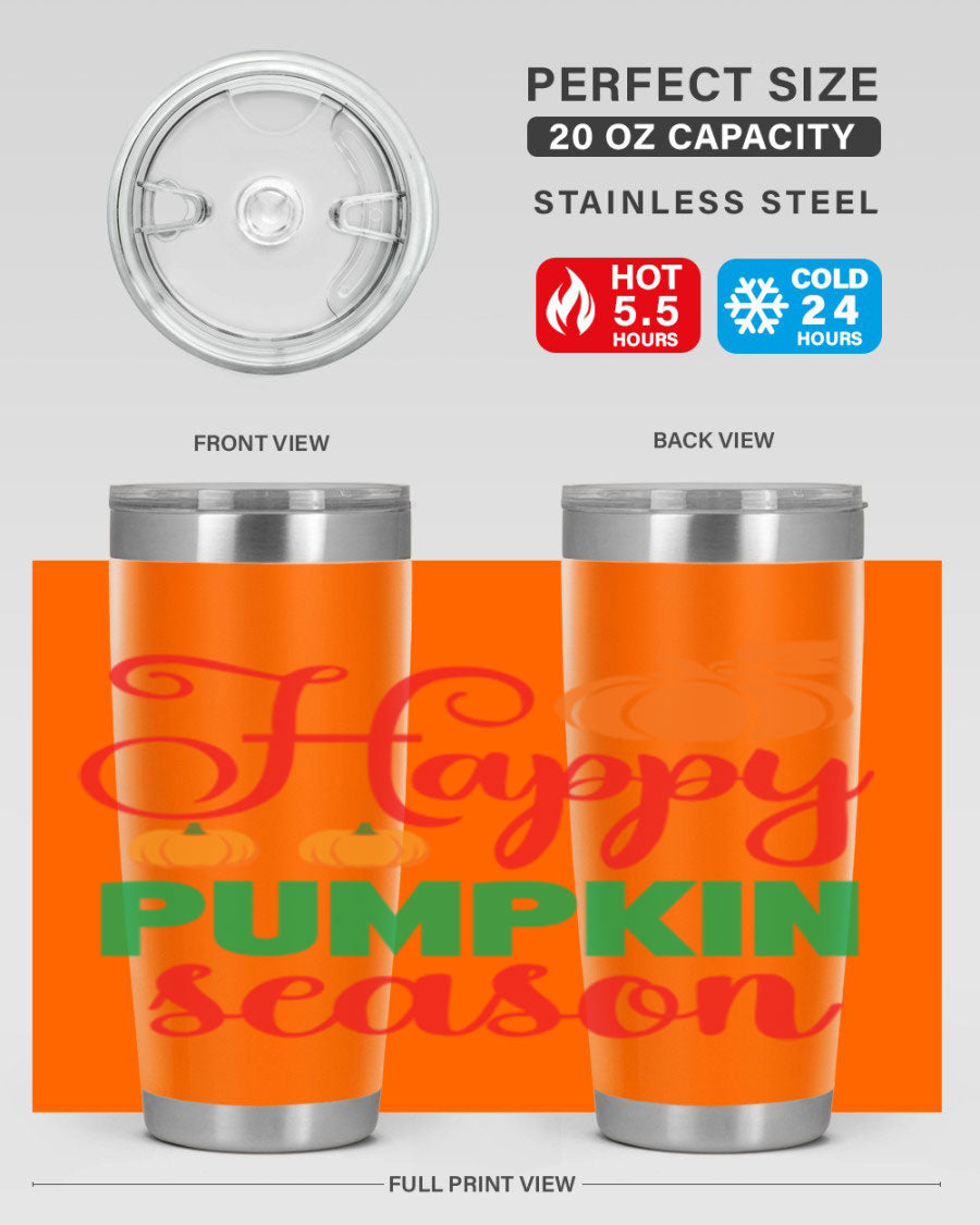 HAPPYPUMPKINSEASON 257# fall tumbler in vibrant autumn colors, showcasing its double wall vacuum design and drink-thru lid.