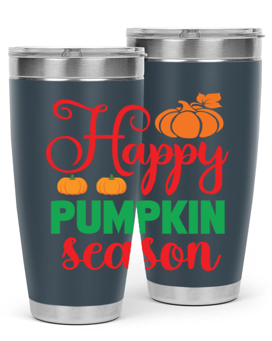 HAPPYPUMPKINSEASON 257# fall tumbler in vibrant autumn colors, showcasing its double wall vacuum design and drink-thru lid.