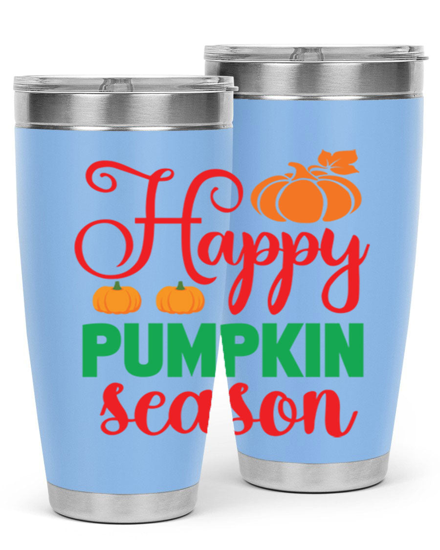 HAPPYPUMPKINSEASON 257# fall tumbler in vibrant autumn colors, showcasing its double wall vacuum design and drink-thru lid.